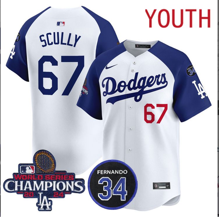 Youth  MLB Los Angeles Dodgers #67 Scully white 2024 World Series Champions Patch Limited Jersey style 4->youth mlb jersey->Youth Jersey